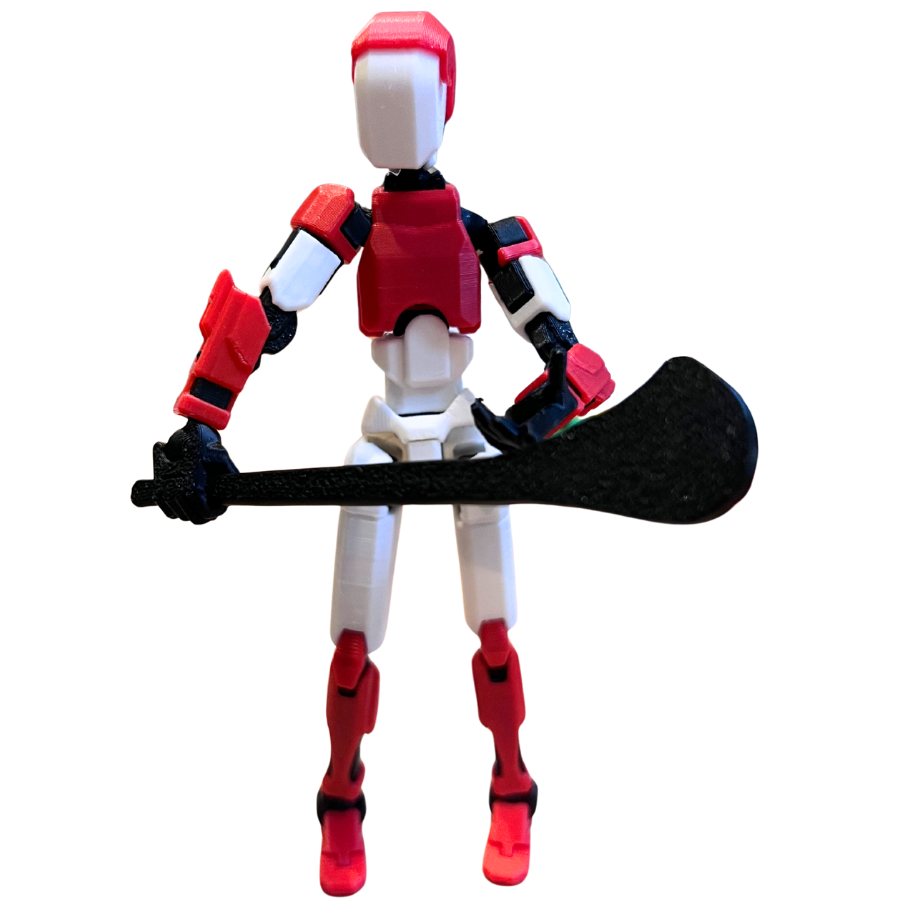 Toy figure with red, black, and white design holding a black axe on a white background