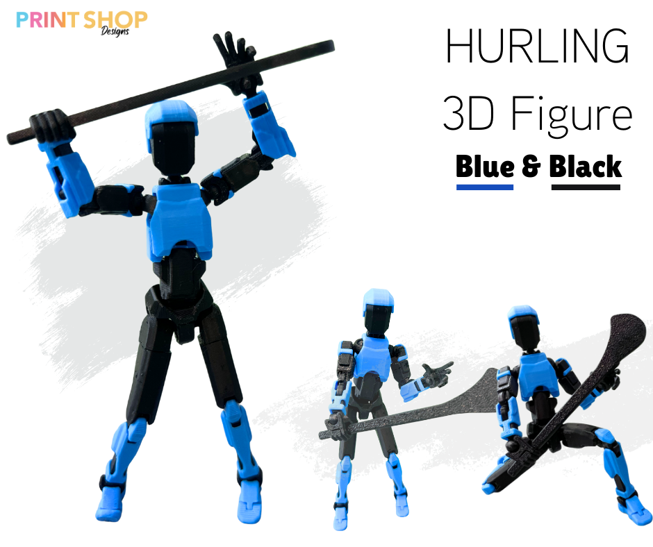 Blue and black 3D figure of a person hurling a stick with 'Print Shop' branding.