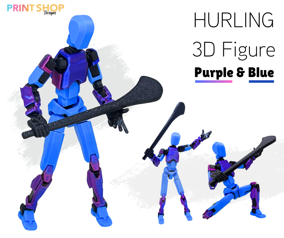 3D figure toy in purple and blue with a sword, labeled 'Hurling 3D Figure Purple & Blue'.