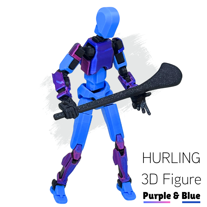 Purple and blue 3D figure holding a black sword on a white background