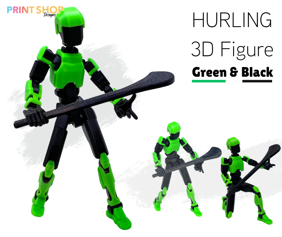 Green and black 3D figure with a weapon on a white background, labeled 'Hurling 3D Figure Green & Black'.