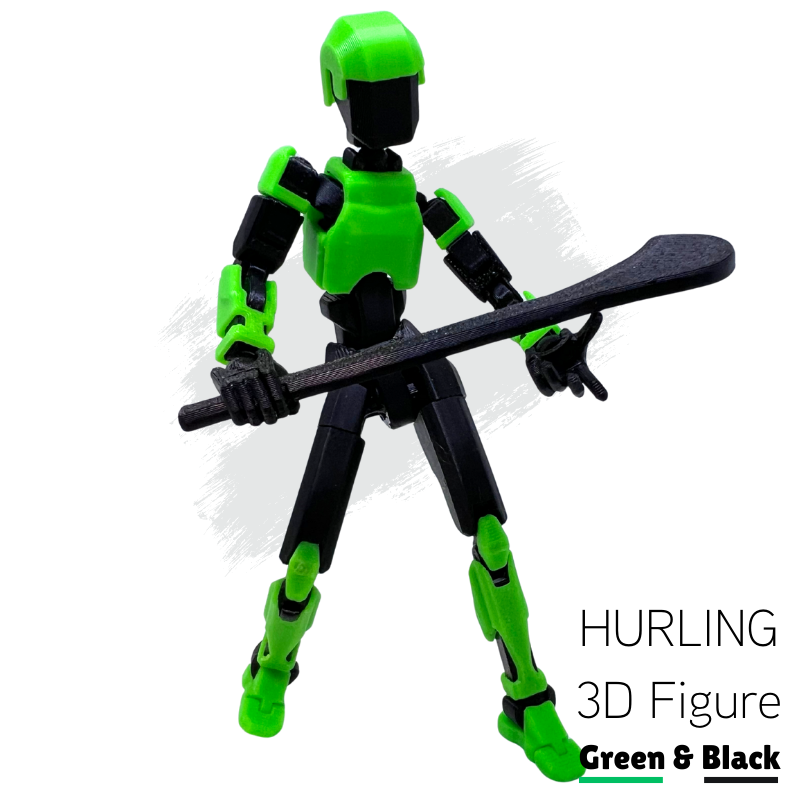 Green and black 3D figure holding a stick on a white background