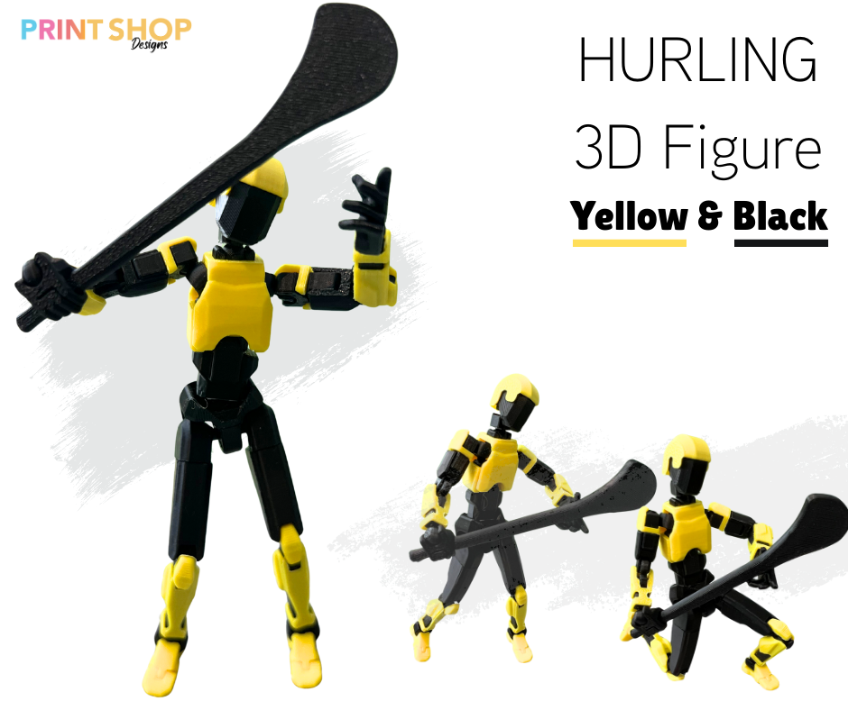 Yellow and black 3D figure holding a hurling stick with 'Print Shop Design' branding.