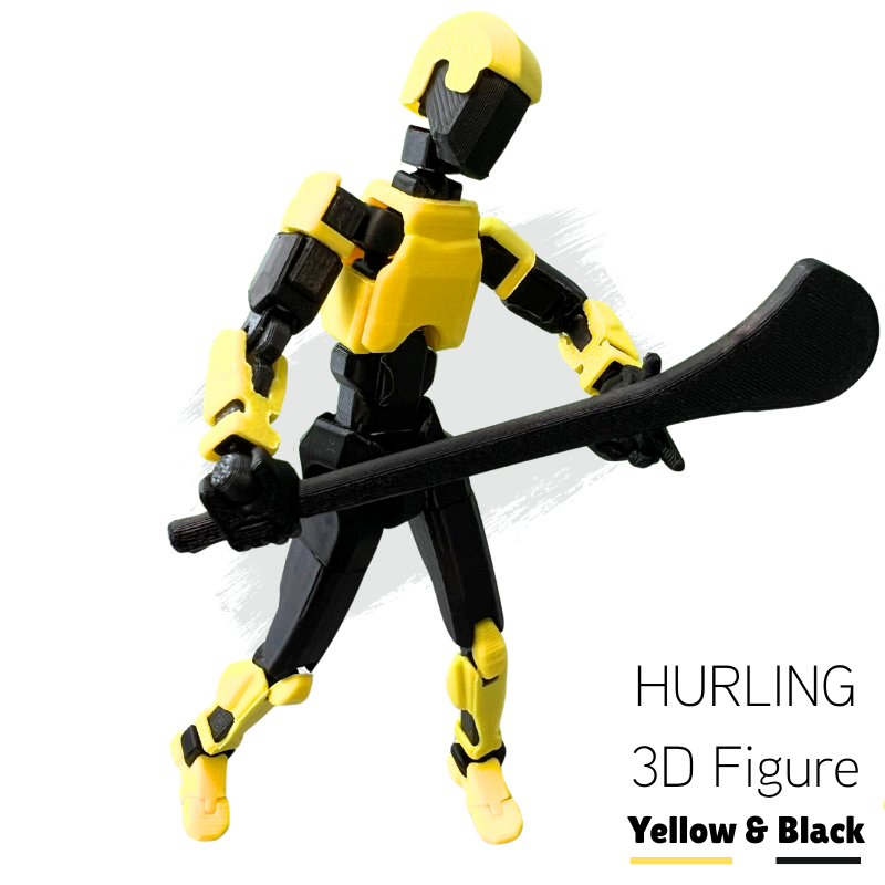 Yellow and black 3D figure with a weapon on a white background