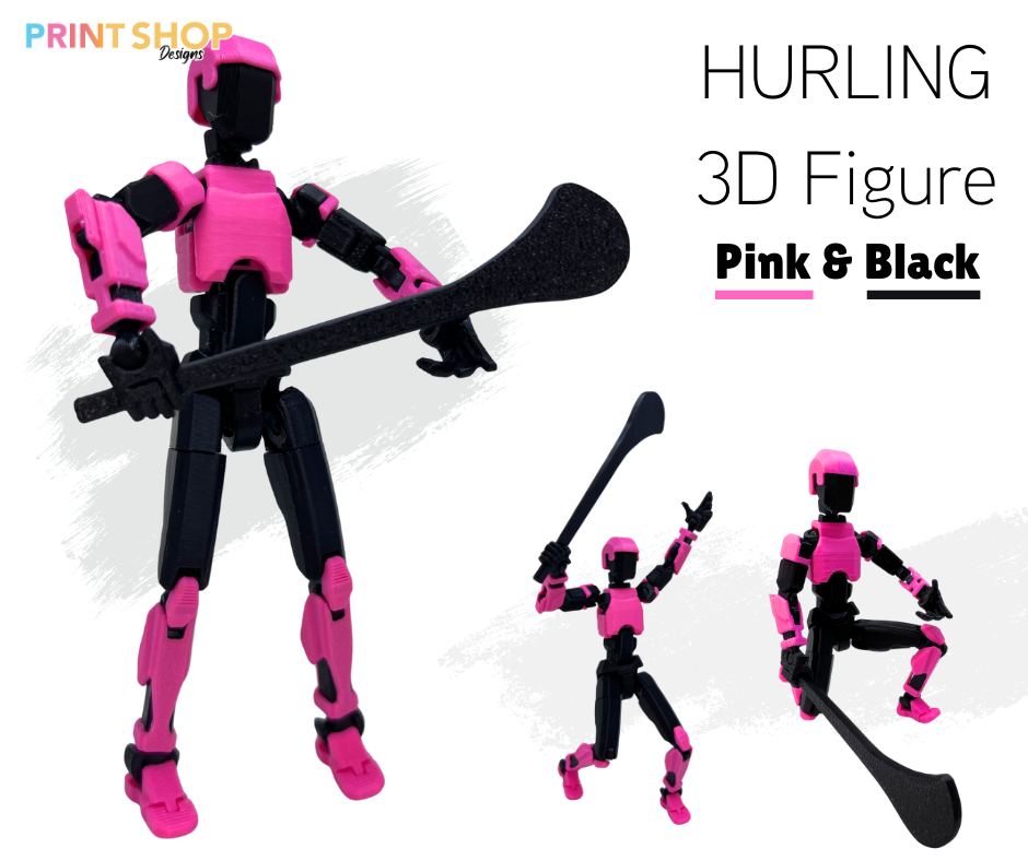 Pink and black 3D figure with a paddle on a white background, labeled 'Hurling 3D Figure'.