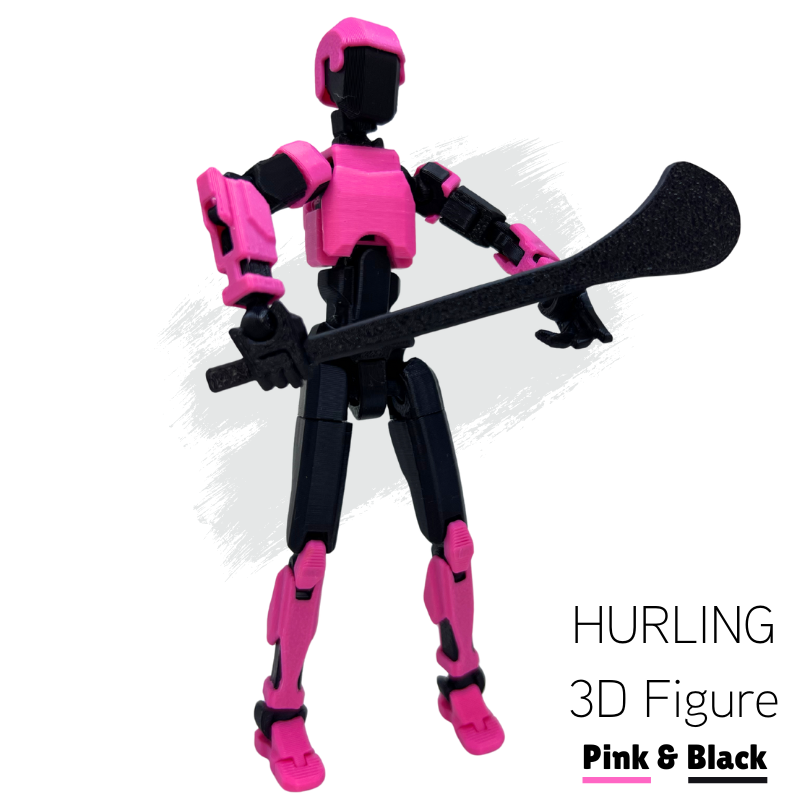 Pink and black 3D figure holding a sword on a white background