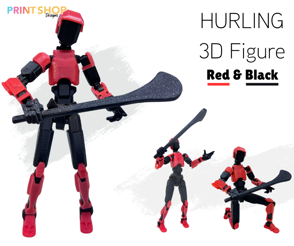 Red and black 3D figure toy with a weapon on a white background, labeled 'Hurling 3D Figure Red & Black'.