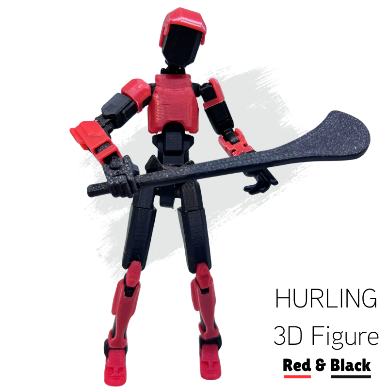 Red and black 3D figure holding a weapon on a white background