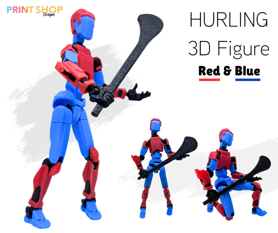 Red and blue 3D figure with a weapon on a white background