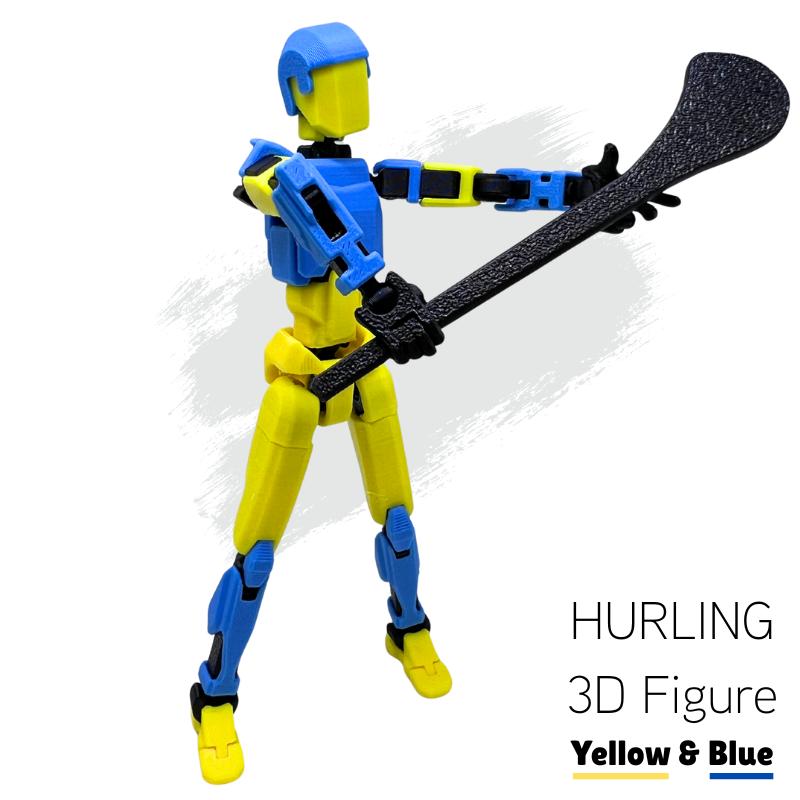 Yellow and blue 3D figure holding a black sword on a white background