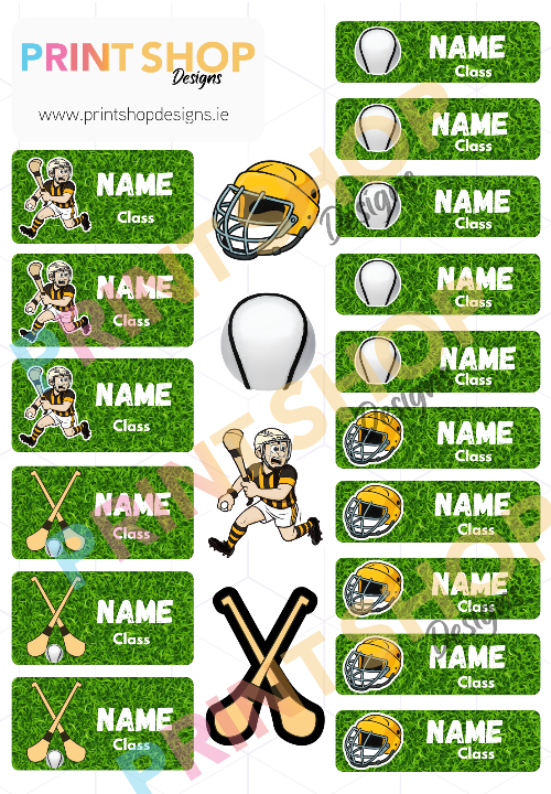 Set of name labels with sports-themed graphics and 'Print Shop Designs' branding.