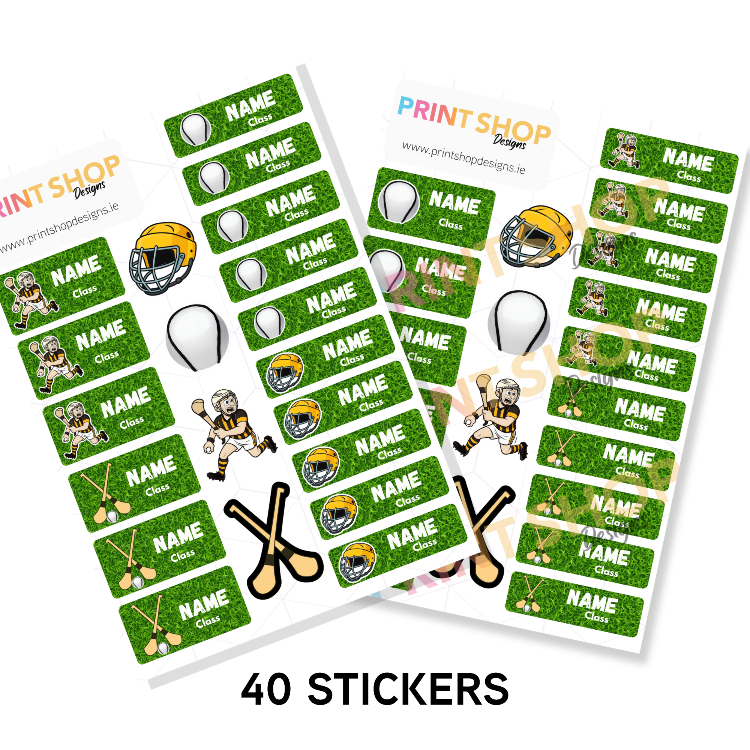 Set of sports-themed name labels with graphics on a white background, featuring 'Print Shop Design' branding.