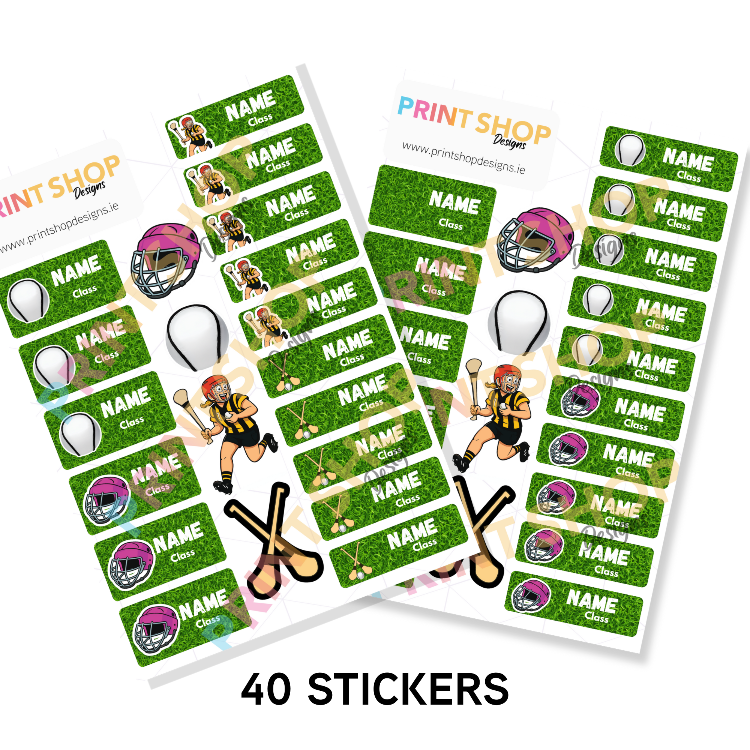 Sheet of sports-themed name labels with graphics and text on a white background.