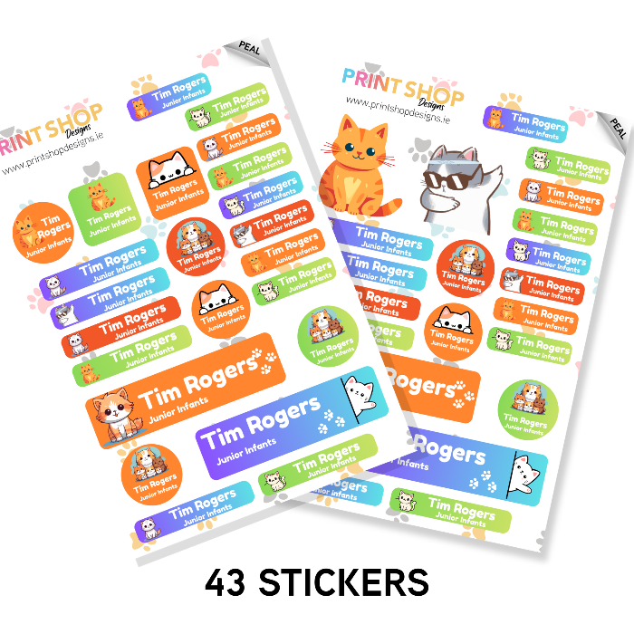 Sheets of personalized stickers with cartoon characters and text, branded 'Print Shop Designs'.