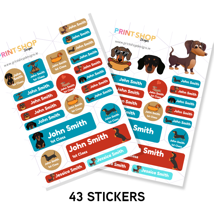 Collection of personalized stickers with names and dog illustrations on a white background.