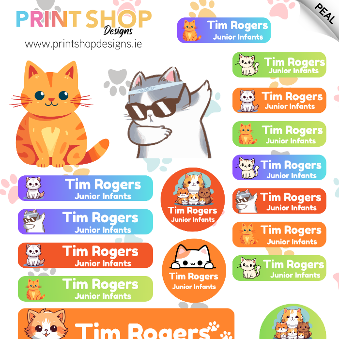 Collection of Tim Rogers Junior Infants labels with cartoon animals on a white background