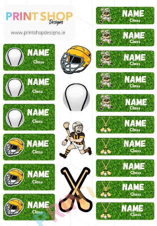 Set of name labels with sports-themed designs on a green background, featuring helmets, balls, and other sports equipment.