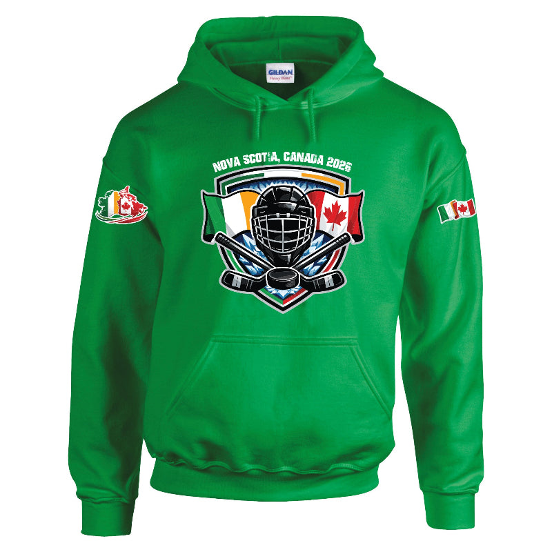 Green hoodie with hockey-themed design and Canadian flags on a white background