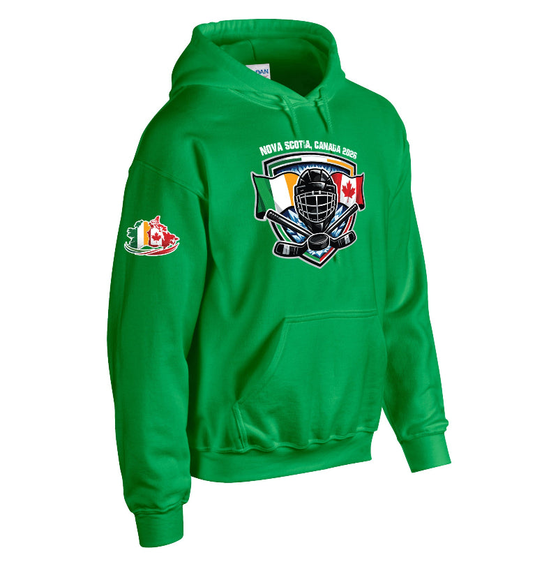 Green hoodie with sports-themed design and flags on a white background