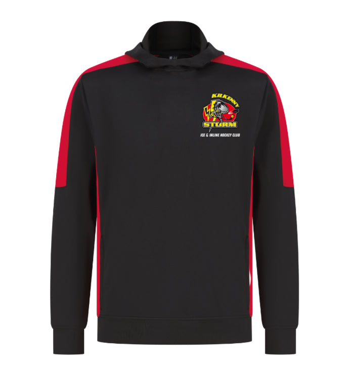 Black hoodie with red sleeves featuring a logo on a white background