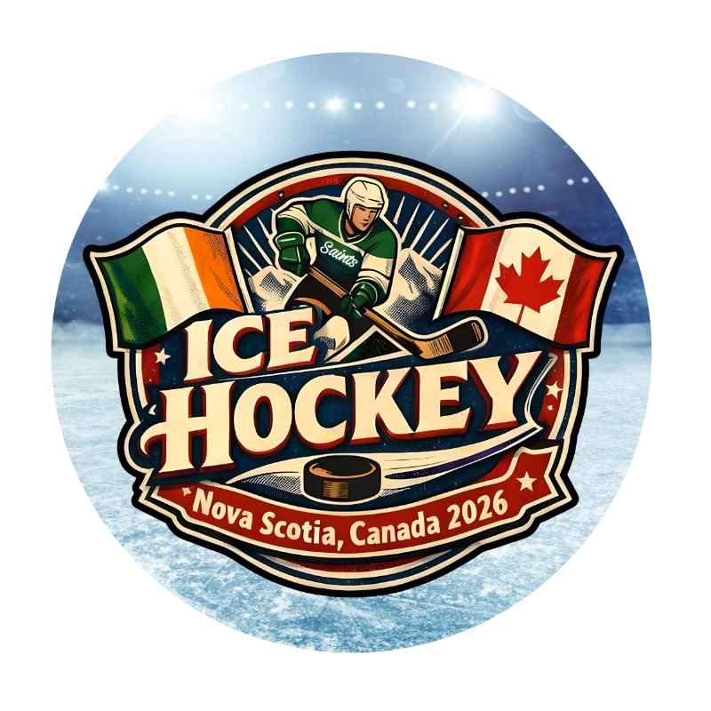 Ice hockey logo with a player, flags, and text 'Nova Scotia, Canada 2026' on a blue background.