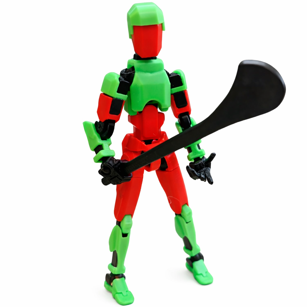 Toy figure with green and red armor holding a black hurl on a white background