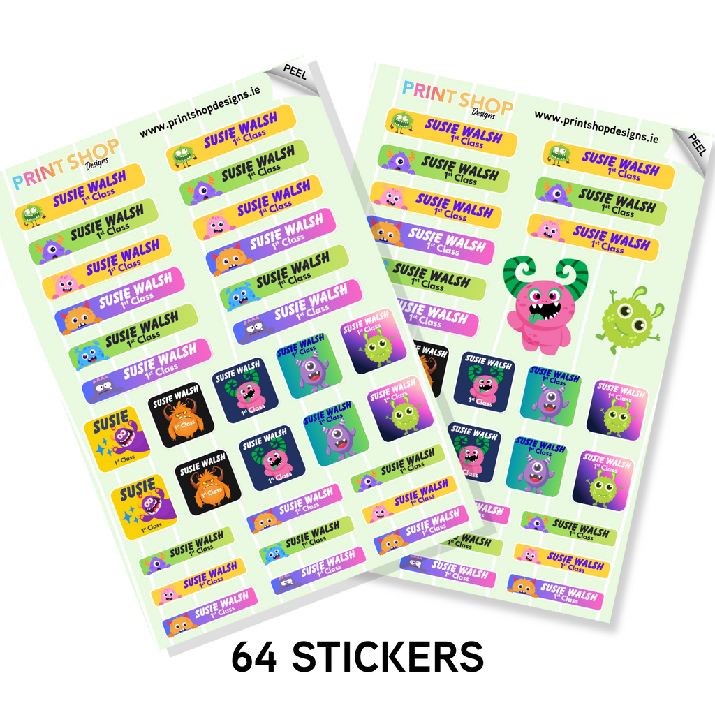 Two sheets of colorful stickers with 'Print Shop' branding and 'Suzie Walsh' text.