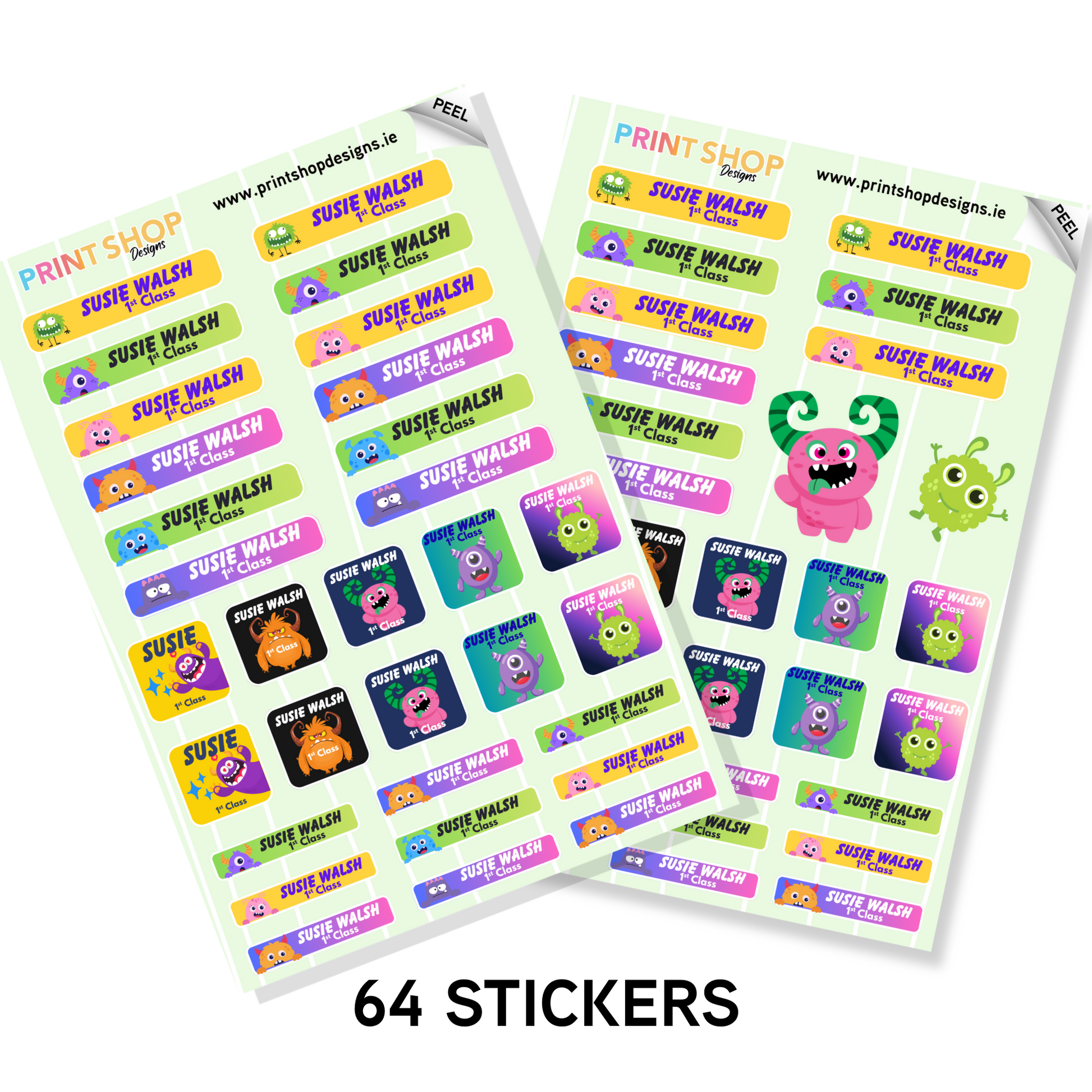 Two sheets of colorful stickers with 'Print Shop' branding and 'Suzie Walsh' text.