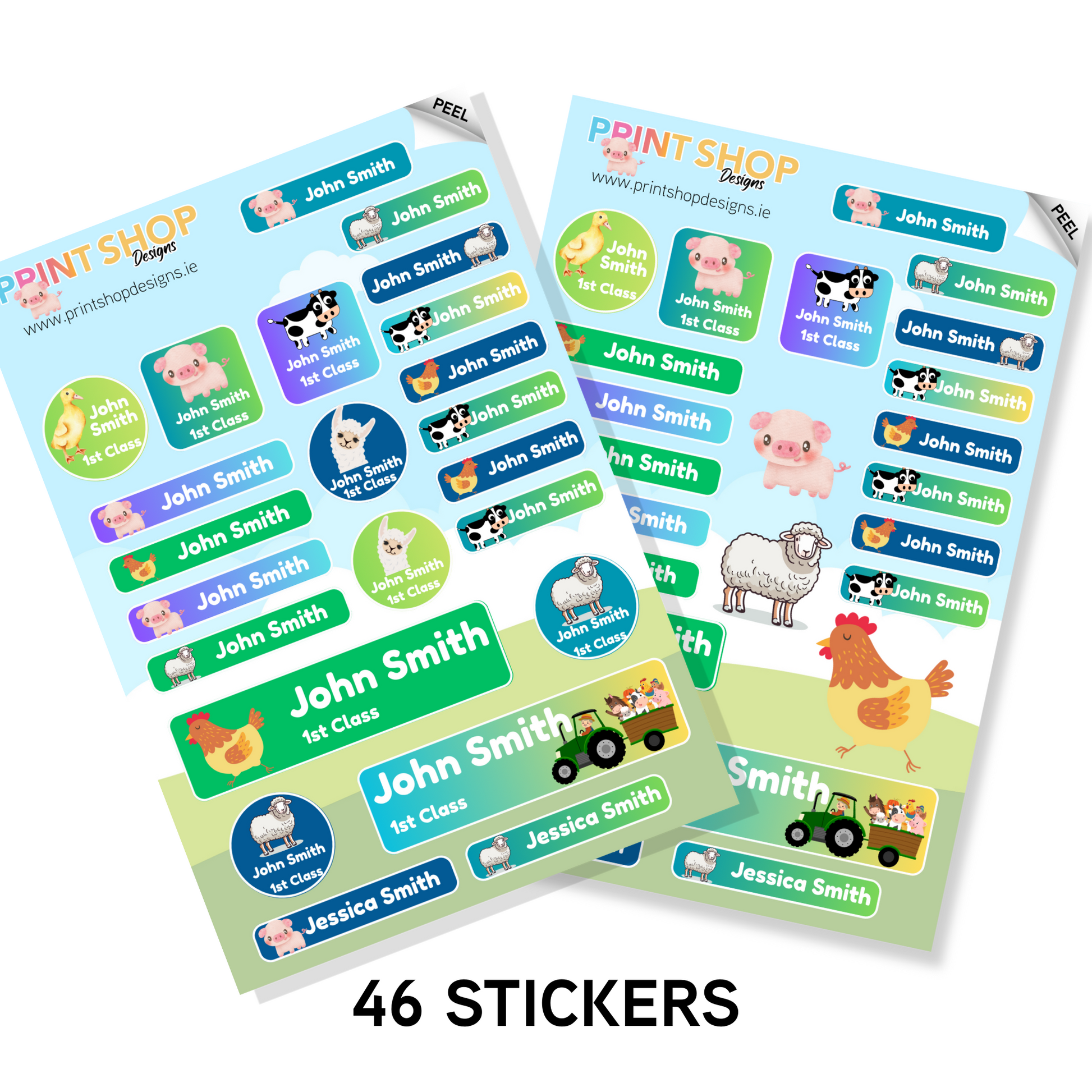Set of personalized stickers with farm animal designs and text, featuring the brand 'Print Shop'.