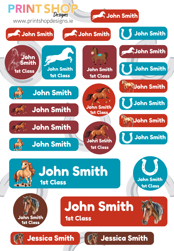 Collection of personalized name labels with 'John Smith' and '1st Class' text, featuring a horse design, on a white background.