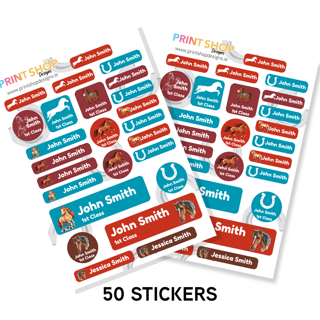 Sheets of personalized stickers with names and logos, branded 'Print Shop Designs'.