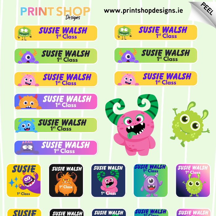 Collection of colorful personalised school labels with cartoon monsters on a white background.