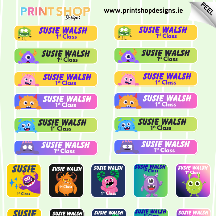 Sheet of colorful name labels featuring various character designs.