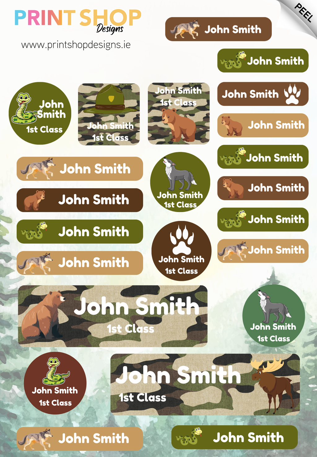 Collection of 'John Smith' themed labels with various designs on a green background.