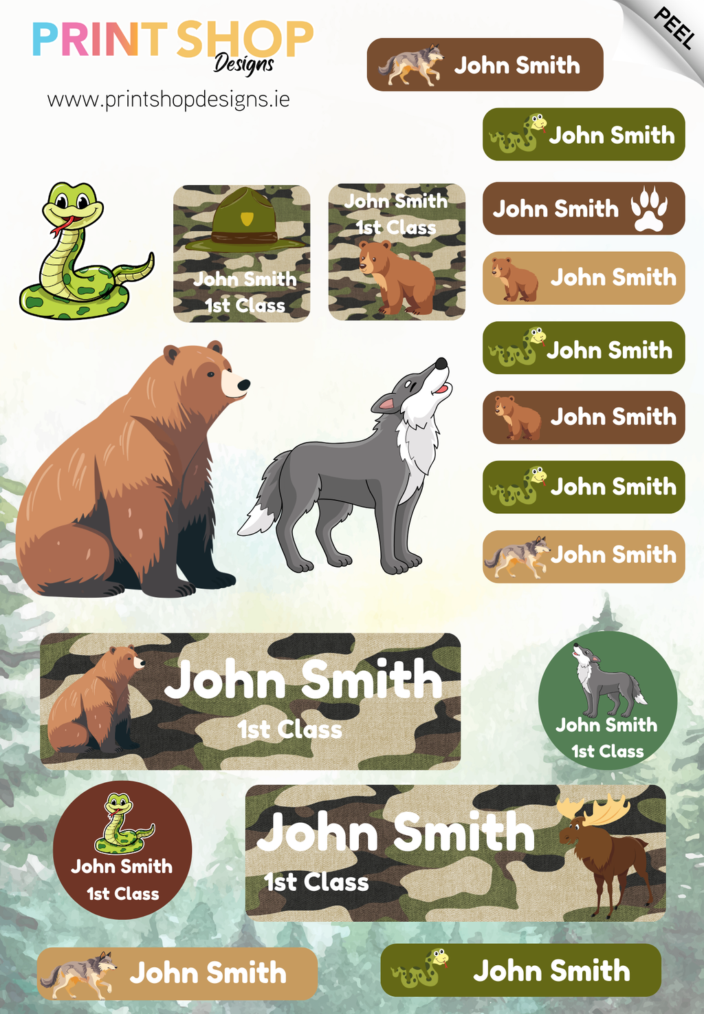 Collection of personalized name labels with animals and camouflage patterns, featuring 'John Smith' on a light green background.