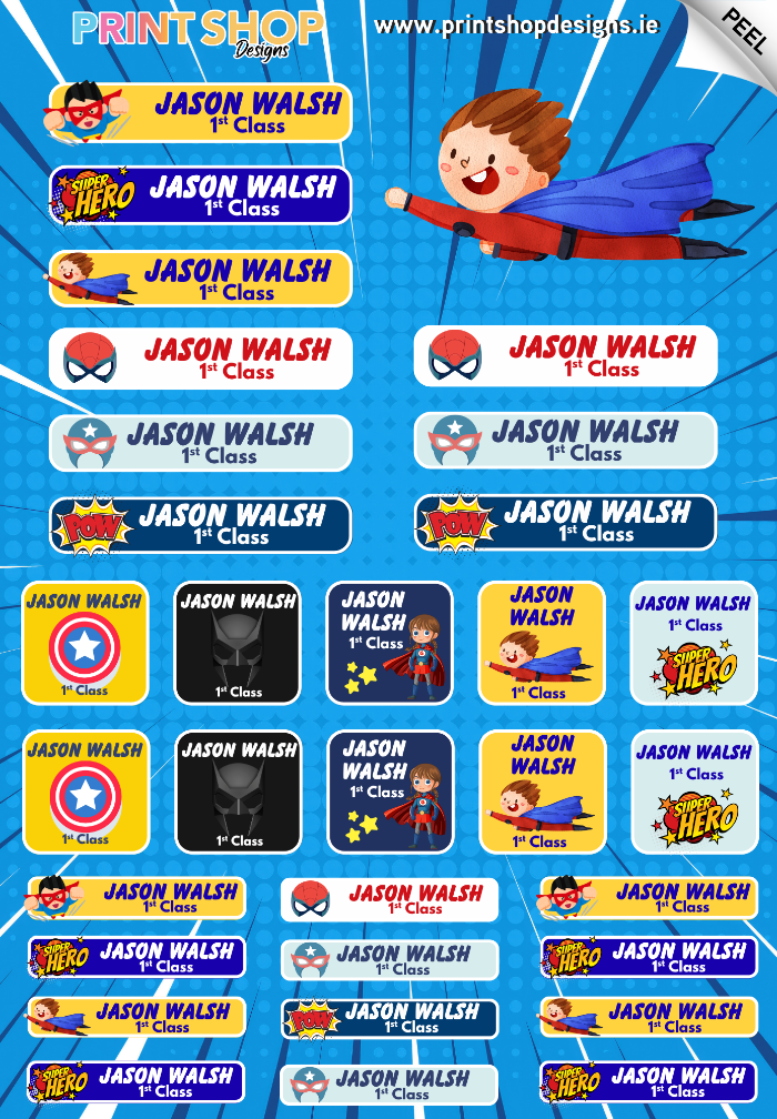 Collection of 'Jason Walsh' themed labels with superhero graphics on a blue background.