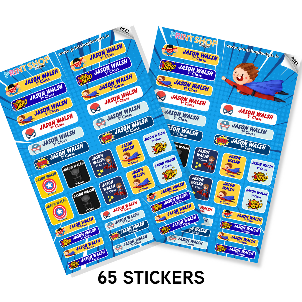 Two sheets of personalized stickers with various designs and text, displayed on a white background.
