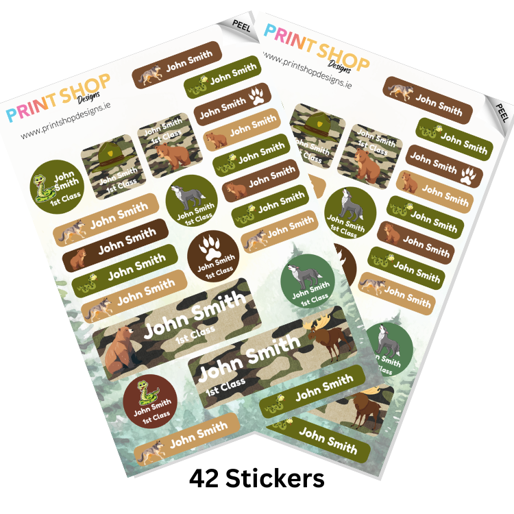 Sheet of personalized stickers with 'John Smith' text and animal illustrations, branded 'Print Shop'.
