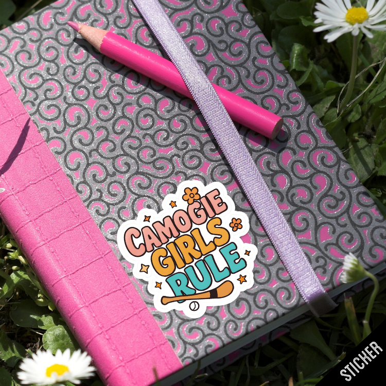 Notebook with pink pen and 'Camogie Girls Rule' sticker on a grassy background