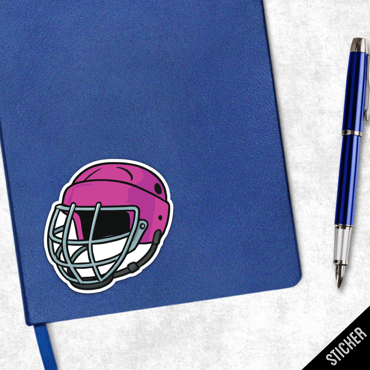 Blue notebook with a pink helmet sticker and a blue pen on a light gray background