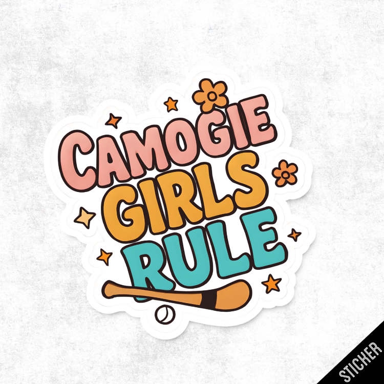 Computer screen displaying a design software with a 'Camogie Girls Rule' graphic and user interface elements.