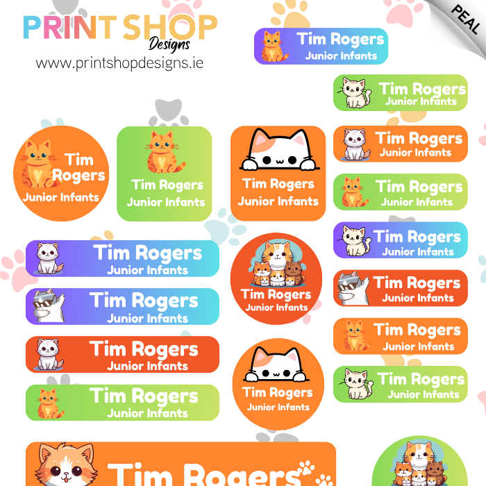 Collection of Tim Rogers Junior Infants labels with various designs on a white background.