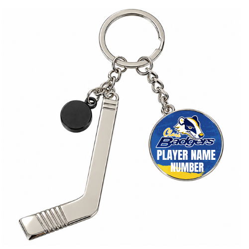 Metal keyring with puck and hockey stick Clare Badgers