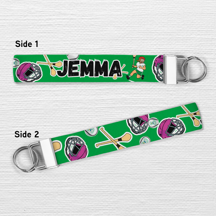Green keychain with 'Jemma' and sports-themed design on a white background