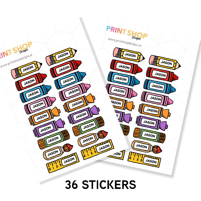 Colorful 'JASON' stickers on sheets with 'Print Shop Design' branding.