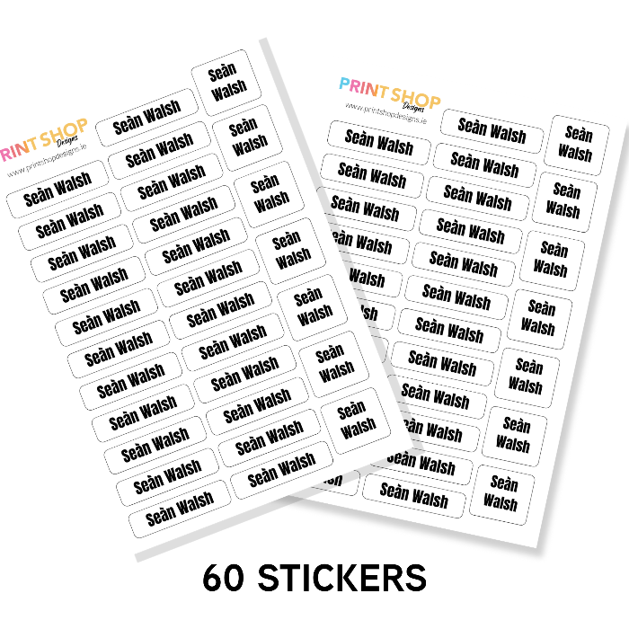 Sheets of personalized stickers with 'Sean Walsh' text, branded 'Print Shop Design Co'.