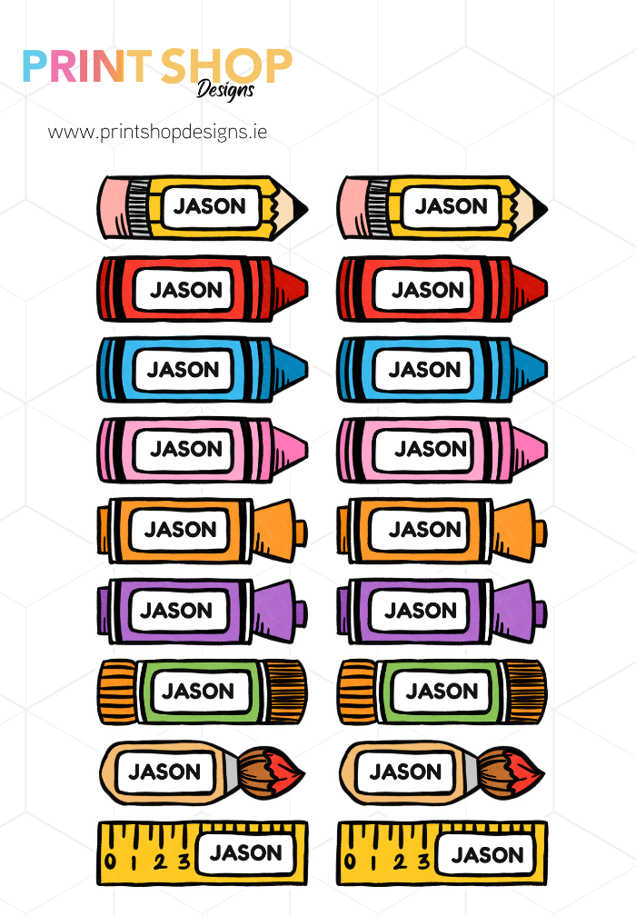 Colorful stationery items with 'JASON' printed on them, including crayons, markers, and a ruler, from Print Shop Designs.