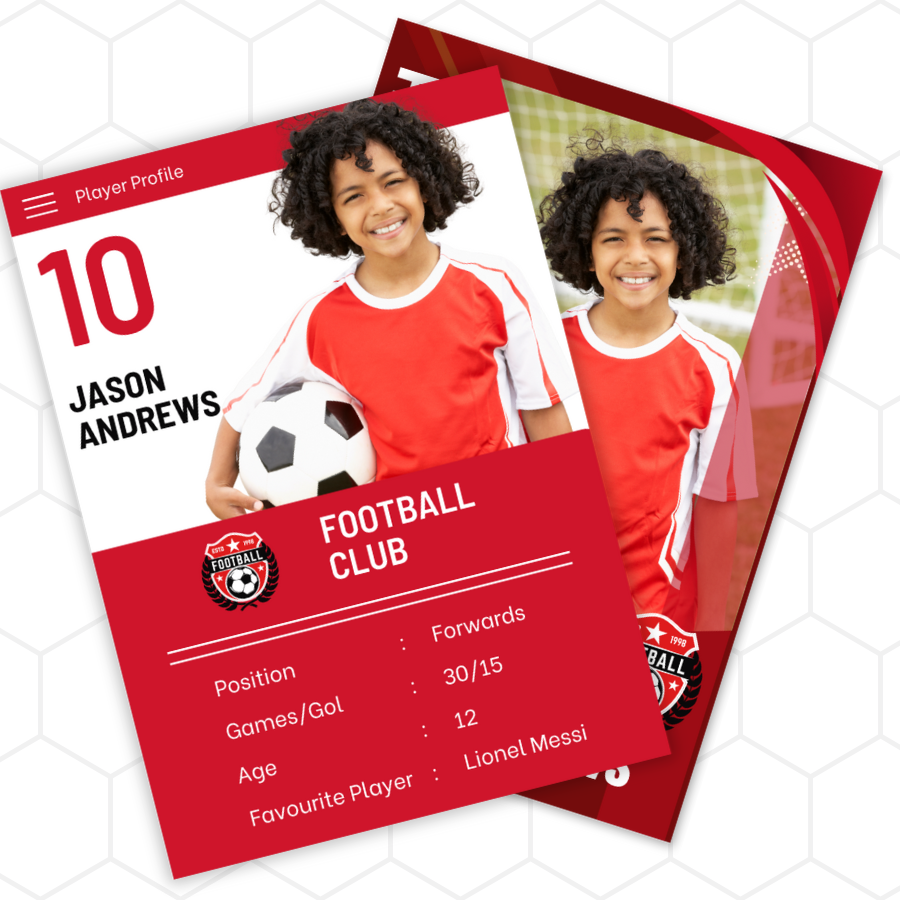 Soccer player profile card for Jason Andrews with a child holding a soccer ball.