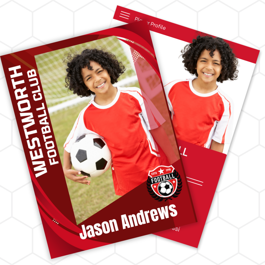 Two Westworth Football Club player profile cards featuring a child in a red soccer uniform with a soccer ball.