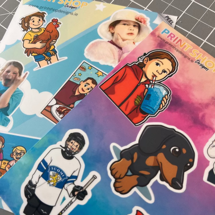 Collection of colorful stickers featuring various characters on a grid background